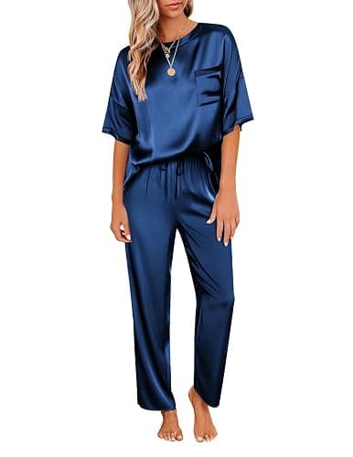 Ekouaer Womens Satin Silky Pajama Set Short Sleeve Shirt with Long Pajama Pant Set Soft PJ Loungewear - Navy Blue - Large - Image 1