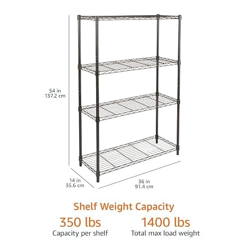 Amazon Basics 4-Shelf Adjustable Heavy Duty Steel Wire Rack Storage Shelving Organizer for Kitchen, Garage, 36" L x 14" W x 54" H, Black thumbnail 3