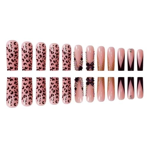 Long Press on Nails Square French Tip Fake Nails with Black 3D Bow Rhinestone Design Glue on Nails Leopard Print False Nails Glossy Acrylic Full Cover Stick on Nails Artificial Nails for Women 24 Pcs thumbnail 3