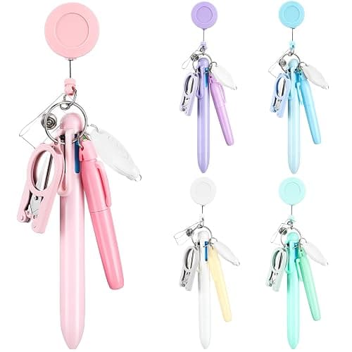 Trandraft 25 Pcs Nurse Pen Set Nurse Badge Accessories Mini Retractable Ball Pens Highlighter Badge Clip LED Keychain Folding Scissors (Pastel Color) - Image 1
