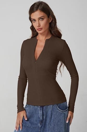 QINSEN Long Sleeve Shirts for Women V Neck Half Zipper Ribbed Knit Going Out Tops Full Length Basic Tee thumbnail 4