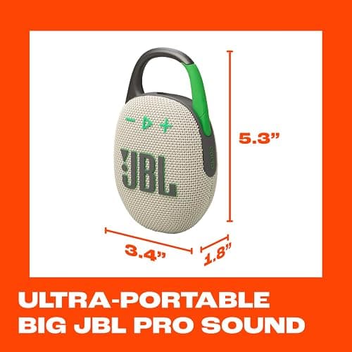 JBL Clip 5 - Ultra-Portable, Waterproof & Dustproof Bluetooth Speaker, Big Pro Sound with Punchy bass, Integrated Carabiner, Up to 12 Hours of Play, Made in Part with Recycled Materials (Sand) thumbnail 5