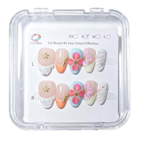 EasierGlow 10Pcs Handmade Short Almond Press On Nails | Easy Apply & Remove, Reusable & Salon Quality | Tropical Ocean Style with 3D Plumeria Flower, Starfish & Shell Accents(1TA15, S) thumbnail 4