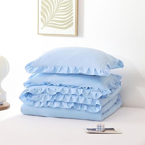 JANZAA Ruffle Light Blue Comforter Set Queen Size Comforter 3PCS 1 Emerald Comforter and 2 Pillowcases Vintage Farmhouse Shabby Chic Bedding Soft Fluffy Comforter Set All Season (Light Blue, Queen) thumbnail 9