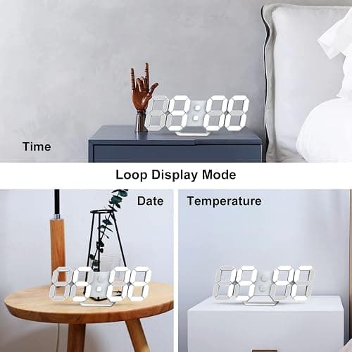 Deeyaple LED Wanduhr Digital Wecker 3D Uhr Dimmbar Snooze Modern USB 12/24Stunden Datum Temperaturanzeige Loop Display Fernbedienung Nachtlicht Wohnzimmer Küche Schlafzimmer Büro 25cm weiß thumbnail 5