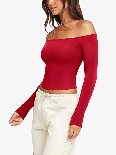 LASLULU Womens Sexy Off The Shoulder Long Sleeve Workout Tops Strapless T Shirts Crop Top Casual Fall Outfits thumbnail 3