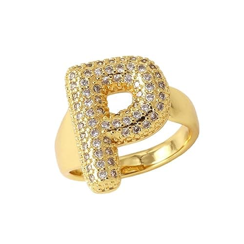 Initial Rings for Women, Bubble Letter Initial Balloon Ring Adjustable Charm Rings Open 14K Chunky Gold Rings Jewelry for Women - Gold-P