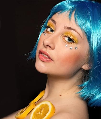 LIULIUBTY Short Bob Hair Wigs Straight with Flat Bangs Synthetic Colorful Cosplay Daily Party Neon Wig for Women with Wig Cap 12" Natural As Real (Teal Blue) thumbnail 5