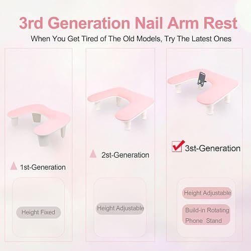 Big Arm Rest for Nails Tech with Rotating Phone Holder: 3nd Generation U-Shaped Manicure Nail Arm Rest Stand Height Adjustable Armrest for Acrylic Nails(Pink) thumbnail 3