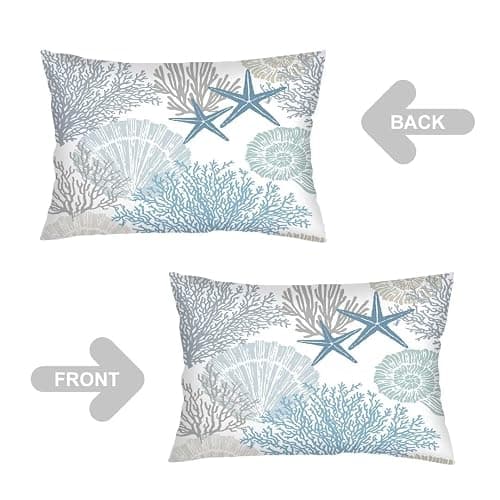 Beach Theme Throw Pillow Cover Queen Size Set of 2,Nautical Blue Coral Starfish Ocean Marine Coastal,Lumbar Pillow Case Standard Pillow Cases with Zipper Decorative Cushion Covers,20"x30",Teal Blue thumbnail 5