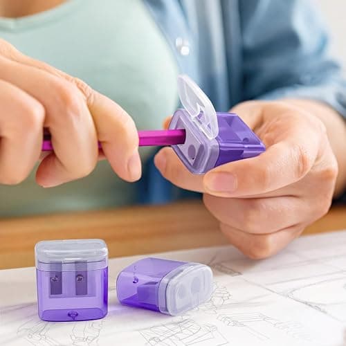 JEFURE Pencil Sharpeners 4Pcs, Manual Pencil Sharpener with Container, Dual Holes Sharpener with Lid for Kids, Students, Adults, School, Home and Office, Purple thumbnail 7