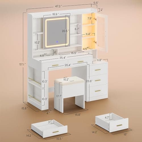 DICTAC Makeup Vanity Desk with Sliding LED Lighted Mirror, 47.2"W Large Vanity Desk with Drawers, Shelves and Side Storage, RGB Glass Cabinet, White Vanity Table Set with Charging Station for Bedroom thumbnail 2
