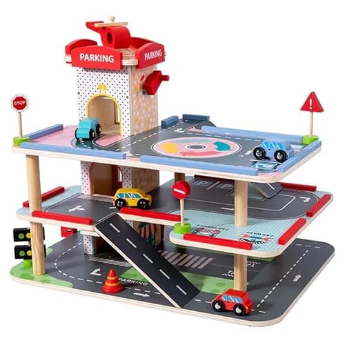 Wooden Toy Garage for Children 3+ Years with Cars Kids Car Ramp Parking 3 Level Car Park Gift Playset with Lift and Road Signs - Image 1