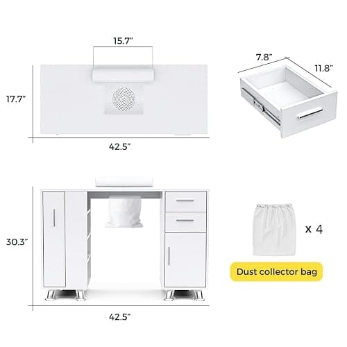 Manicure Table, Nail Tech Desk with Dust Collector, Acetone Resistant Nail Table Station with 4 Dust Bags & Wrist Rest, Beauty Salon Nail Supplies Workstation with Drawers Storage Cabinets, White thumbnail 2