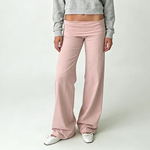 FOMOYUU Fold Over Lounge Pants for Women Y2K Low Rise Wide Leg Yoga Sweatpants Stretchy Foldover Pants Workout Bottoms thumbnail 2