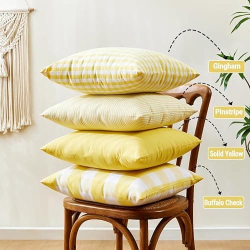 Yellow Striped Summer Outdoor Throw Pillow Covers 18x18 Set of 2, 18 x 18 Yellow and White Outdoor Throw Pillows, Modern Farmhouse Boho Decor Pillow Covers for Porch Patio (No Pillow Inserts) thumbnail 4