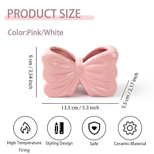 Zaposcca Bow Toothbrush Holder, Pink Ceramic Multi-Purpose 2-Section Organizer for Bathroom, Kitchen, Bedroom, Office Decor thumbnail 2
