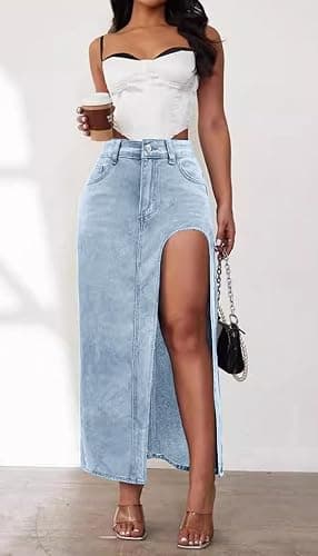 CHARTOU Women's Sexy High Split Slim Fit Maxi Long Pencil Denim Jean Skirt thumbnail 3