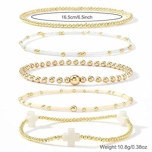 EQUBIO Gold Beaded Cross Bracelet for Women, 14K Plated Adjustable Stackable Dainty Bracelets, Non Tarnish Fashion Jewelry Set Gifts for Women Birthday Friendship thumbnail 9