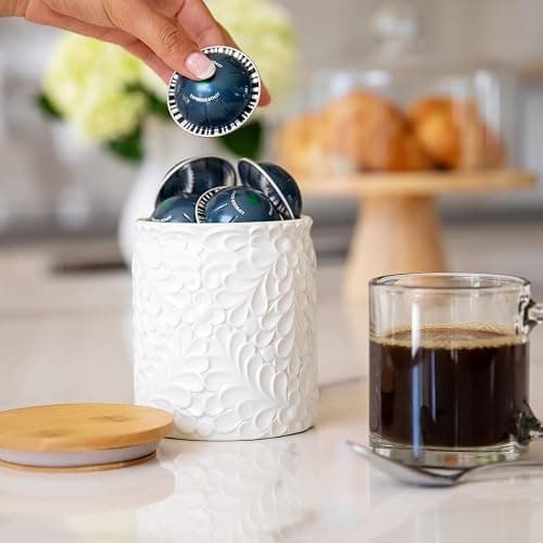 Small Engraved Ceramic Kitchen Canister - Storage Jars with Airtight Lids Made from Bamboo with Nature-Inspired Engraving - Use as a Pasta Holder, Coffee Ground Holder, Rice Container - 30 Ounces thumbnail 2