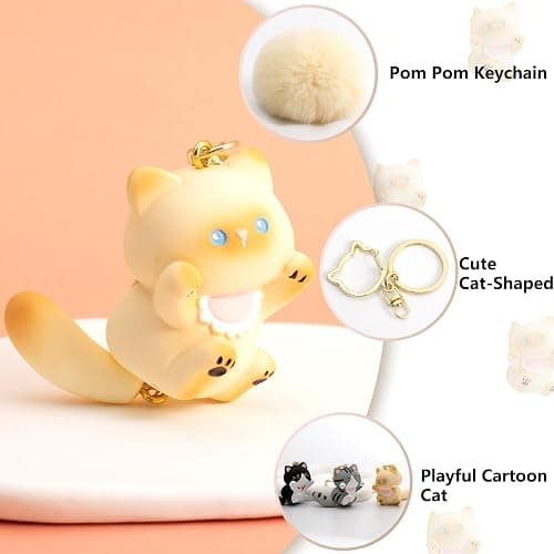 YILANFULL Kawaii Cat Keychain with Fluffy Pom Pom, Cute Bag Charm for Girls Women. Perfect Girly Gift & Backpack Decor thumbnail 2