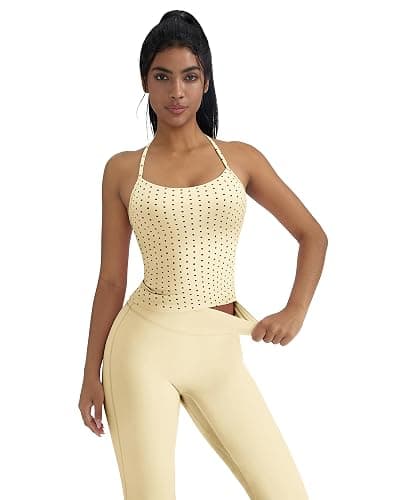 OMKAGI Women's 2 Piece Workout Sets Padded Tank Tops Flare Pilates Outfits | High Waisted Flare Leggings Workout Sets, Cute Strappy Open Back Workout Tops with Built in Bra, Booty Leggings Gym Outfits thumbnail 5