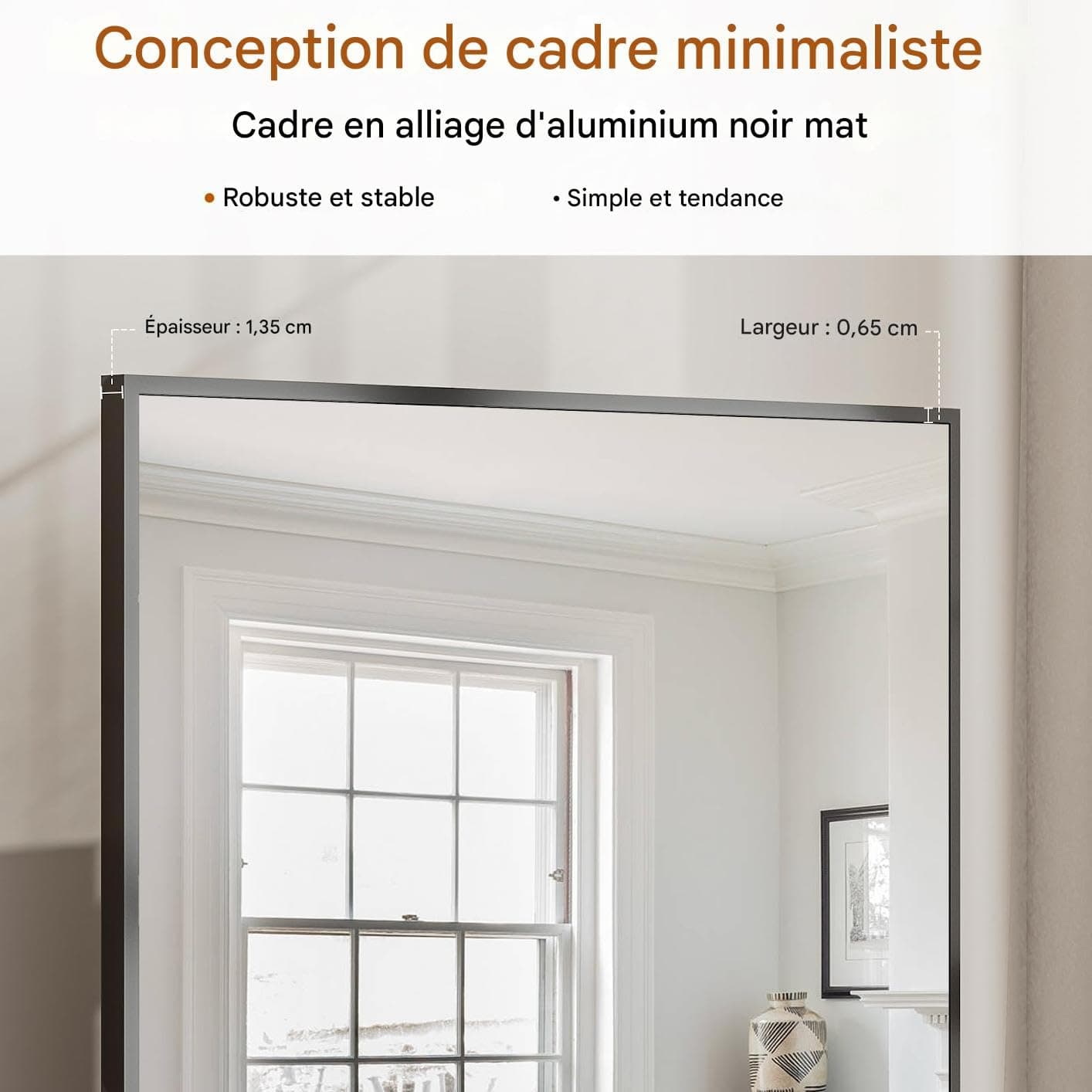 Koonmi 171 x 76 cm Standing Mirror, Robust Full Body Mirror with Minimalist Narrow Aluminium Frame, Modern Large Wall Mirror, Standing or Hanging for Living Room and Bedroom, Black thumbnail 4