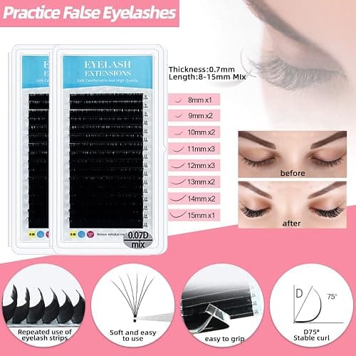Lash Extension Kit Professional Eyelash Extensions Supplies Training for Beginners Mannequin Head Grafting Lash USB Fan Lash Shampoo Brush Spraye 0.07D Curl Mix 8-15mm Practice Eyelash Strips thumbnail 4