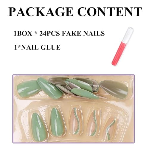 MERVF Almond Press on Nails Medium Fake Nails Light Green Glue on Nails Glitter Swirls Lines Design Press ons Sparkle Solid Color Stiletto Acrylic False Nails Glossy 24pcs thumbnail 3