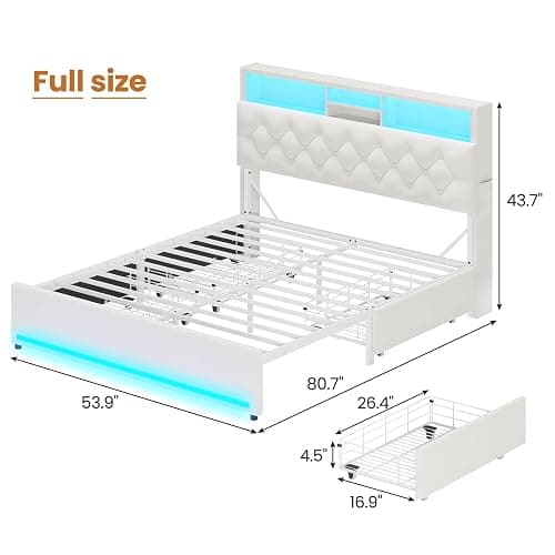 HAUOMS Full Size Bed Frame with Bookcase Headboard,LED Bed Frame with Charging Station, 4 Storage Drawer, Modern Velvet Upholstered Platform Bed with 5 Shelf, No Box Spring Needed, Creamy White thumbnail 2