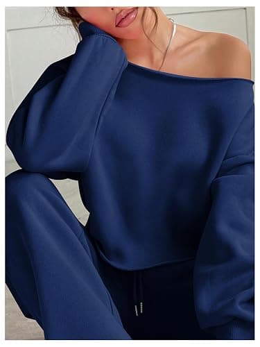 SOLY HUX Women's 2 Piece Outfits Fall Sweatsuits Off The Shoulder Crop Top Wide Leg Sweatpants Casual Matching Lounge Sets thumbnail 4