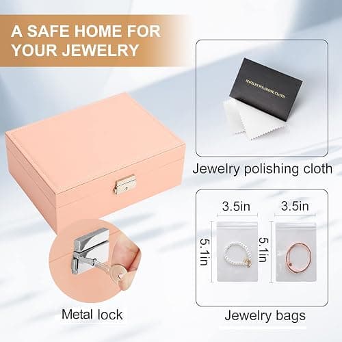 Jewelry Organizer Box, Leather Jewelry Box for Girls Gift Earring Organizer with Lock Double Layers Jewelry Case Removable Tray for Necklace Earring Ring with Polishing Cloth and Jewelry Bags thumbnail 6
