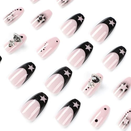 BABALAL Press on Nails Medium Coffin Gothic Y2K Planet Star Fake Nails | Rhinestone, with Charm, Halloween, Edgy Alt Style thumbnail 3