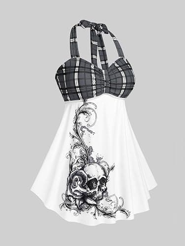 ROSE GAL Womens Plus Size Curve Halter Plaid Skull Print Backless Gothic Modest Tankini Swimsuit Set thumbnail 2