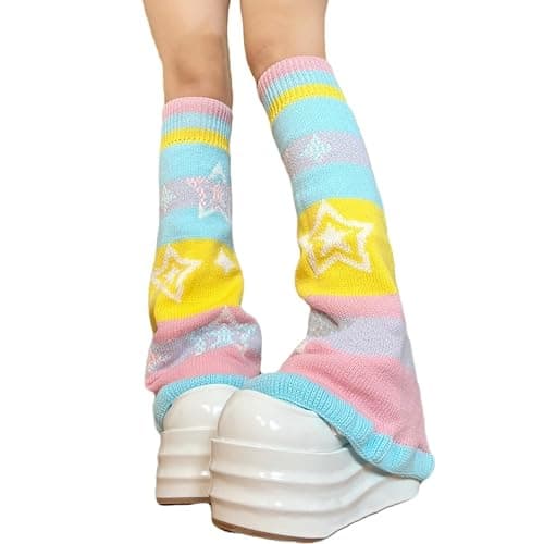 LIURONGNI Candy Color Rainbow Reversible Flared Leg Warmers with Sweet Star Pattern for Women Aesthetic Knitted Foot Covers Socks - Image 1