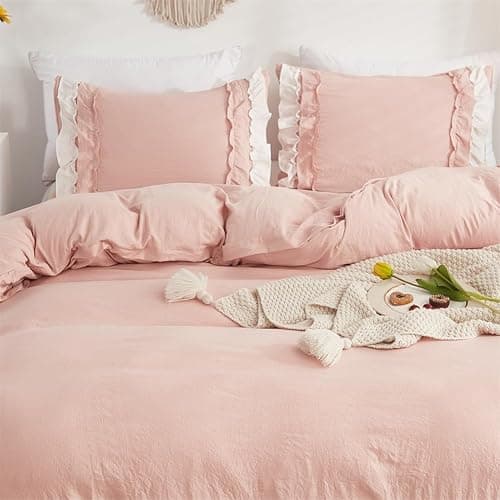 Koudi Pink Ruffled Duvet Cover Set Full Size Shabby Chic White Ruffle Fringe Comforter Cover Solid Color Vintage Farmhouse Bedding Set Soft Microfiber with Zipper Ties thumbnail 3