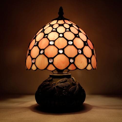 WERFACTORY Small Tiffany Lamp Desk Pink Stained Glass Pearl Bead Mushroom Table Lamp Bronze Mini Accent Lamp W8H11 Inch S005P Series thumbnail 5