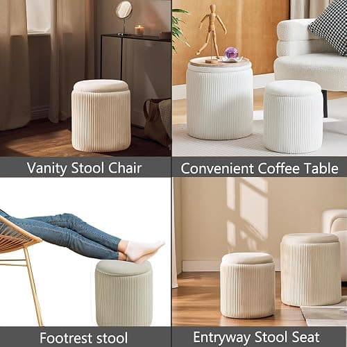 BLEXA Round Ottoman with Storage Set of 2-Upholstered Velvet Vanity Stool for MakeupMultifunctional Ottomans Coffee Table Padded Seat Foot Rest for Living Room&Bedroom(White-Upgrade Tray Lid) thumbnail 4
