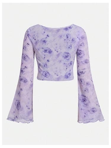 Milumia Girl's Floral Print Bowknot Bell Sleeve Crop Tops Square Neck Ruched T Shirts - 8 Years - Mauve Purple thumbnail 2