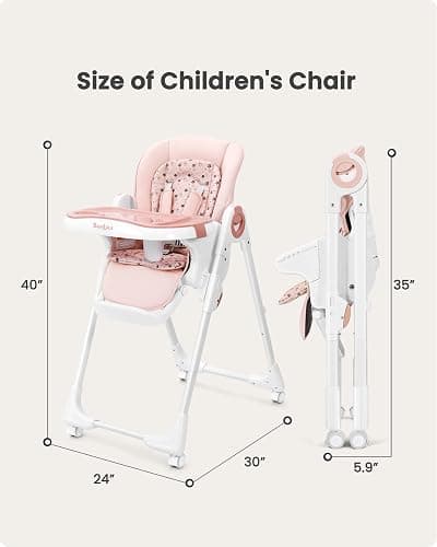 Babilous Foldable High Chair with Soft Cushion, High Chairs for Babies and Toddlers, Height Adjustable Feeding Chair, Adjustable Backrest and Footrest, Lockable Wheels, Star Pink thumbnail 3