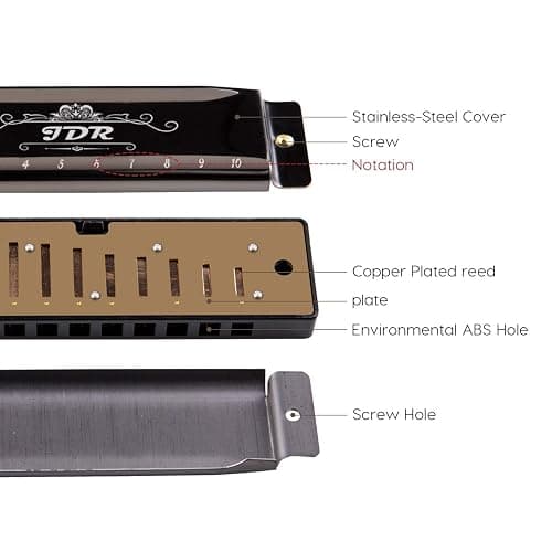JDR Harmonica C, Blues armonica Key of C 10 Hole 20 Tone with Case Mouth Organ Standard Diatonic for Kids Beginner Adults Professional Player Teacher Parents Students Black New Year Gift thumbnail 2