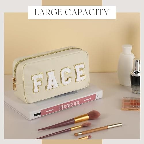 Cunno 4 Pcs Preppy Makeup Bags Chenille Letter Stuff Bag Nylon Cosmetic Pouch Cases with Zipper for Women Travel Toiletry thumbnail 3