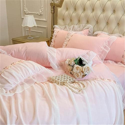 MOOWOO Pink Bedding-Romantic Ruffle Lace Bedding Set 3 Piece Comforter Queen Duvet Cover with Zipper Closure,Coquette Room Decor-Pink,Queen Size - Pink - Queen thumbnail 7