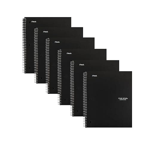 Five Star Spiral Notebook, 5 Subject, Wide Ruled Paper, 8" x 10-1/2", 200 Sheets, Fights Ink Bleed, Water Resistant Cover, Black (72045), Pack of 6 - Image 1