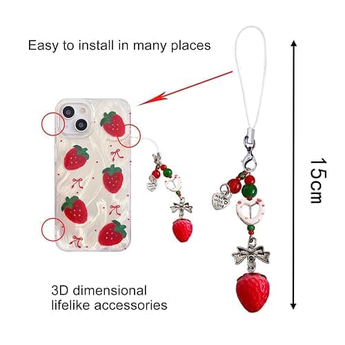 Tewwsdi Cute Glitter Strawberry Phone Case with Charm for iPhone 15,Kawaii Red Bow Polka Dot Design Aesthetic Fruit Summer Phone Girly Women，Never Fade ，1.5mm Raised Edges Protect(with Charm,6.1”) thumbnail 9