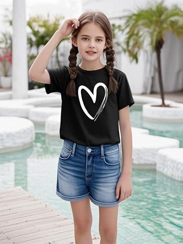 APWEQATA Girls Short Sleeve T Shirts Kids Summer Tops Crewneck Basic Graphic Tees 5-14 Years thumbnail 3