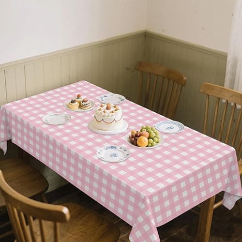 4 Pcs Pink Plaid Tablecloth Plastic Pink and White Checkered Tablecloths Waterproof Rectangle Pink Gingham Tablecloth for Picnic Birthday Wedding Camping Holiday Christmas Parties, 52 x 86 in thumbnail 7