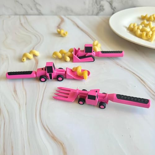 Constructive Eating Plate and Utensils Set - USA-Made Toddler Dinnerware with Divided Plates (Pink Construction) thumbnail 2