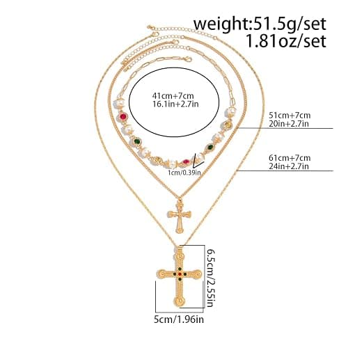 Vintage Layered Cross Necklaces Set for Women,Gold Long Chain Crystal Pendant Necklace Pearl Colorful Crystal Gemstone Necklace Multilayered Statement Necklaces Boho Summer Beach Jewelry thumbnail 7