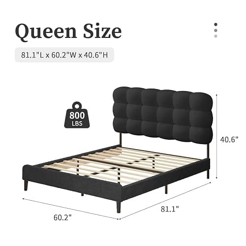 BarnFurin Queen Bed Frame, Platform Bed with Soft Boucle Upholstered Headboard, Two Bed Forms Design, Wooden Slats Support, No Boxing Spring Needed, Easy Assembly, Black thumbnail 2